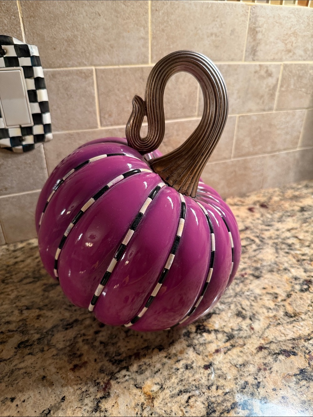 Mackenzie Childs Purple Ceramic Pumpkin with Black and White Striped Accents